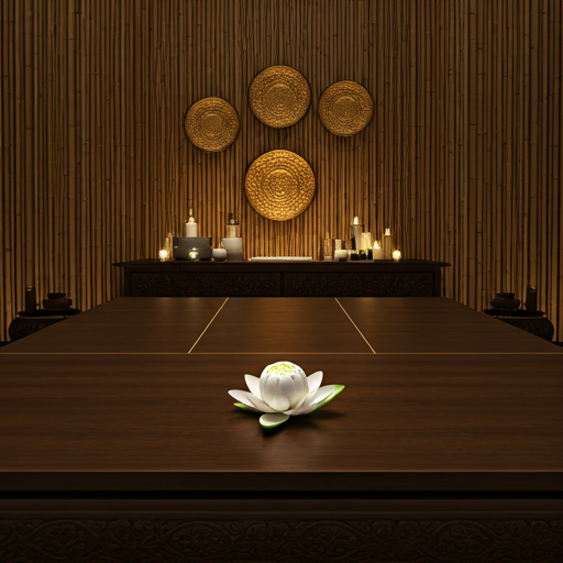 A tranquil Thai wellness sanctuary featuring warm gold accents, natural bamboo textures, and soft ambient lighting.